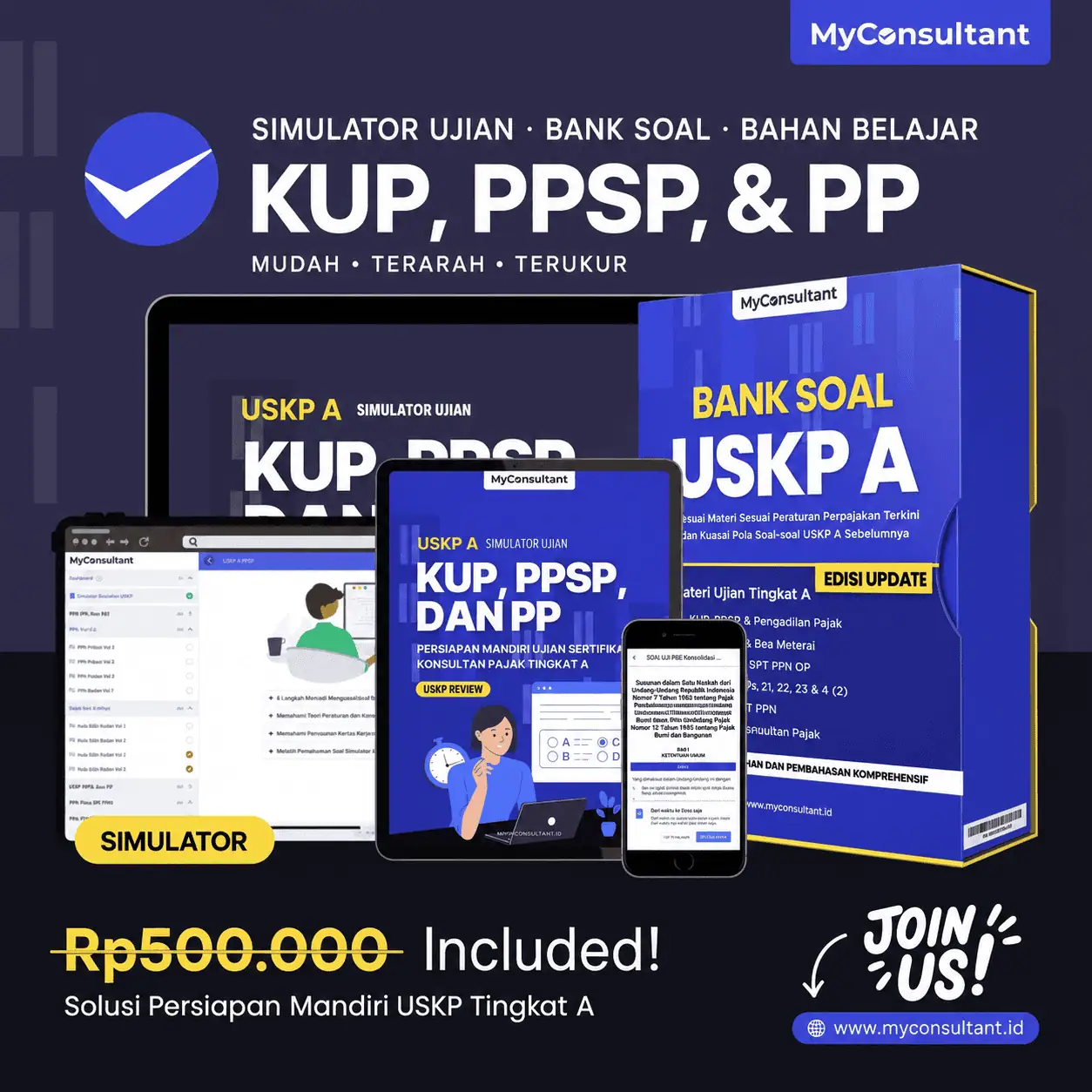 Ilustrasi materi KUP, PPSP, dan Pengadilan Pajak pada platform persiapan USKP A MyConsultant
